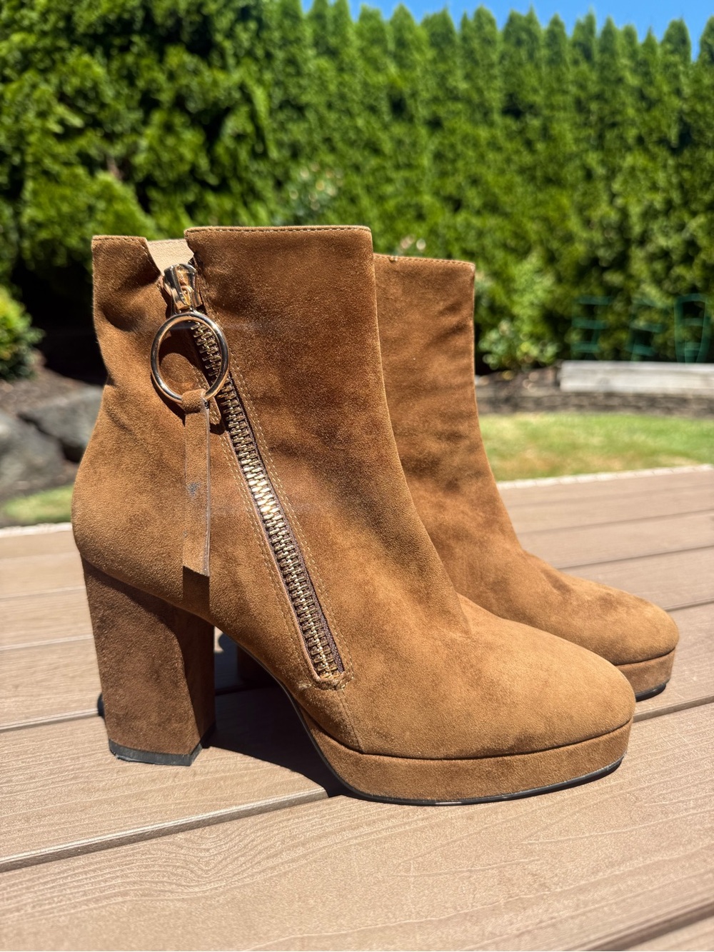 Suede Ring-Zip Platform Ankle Boots - Tan